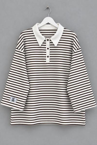 Salaş Polo Yaka Çizgili Sweatshirt  Koyu Kahverengi