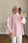 Salaş Polo Yaka Çizgili Sweatshirt  Pembe