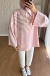 Salaş Polo Yaka Çizgili Sweatshirt  Pembe