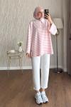 Salaş Polo Yaka Çizgili Sweatshirt  Pembe