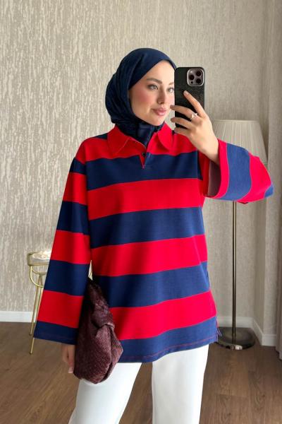 Polo Düğmeli Polo Yaka Sweatshirt Bordo