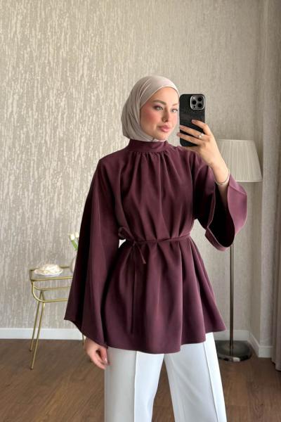 Hakim Yaka Oversize Tensel Bluz Mürdüm