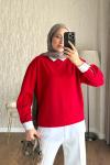 Gömlek Garnili Sweatshirt  Kırmızı