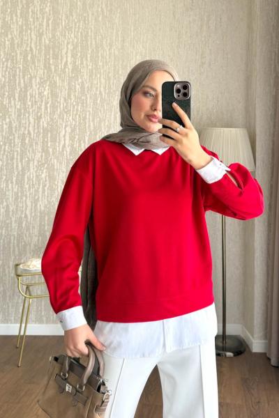 Gömlek Garnili Sweatshirt  Kırmızı