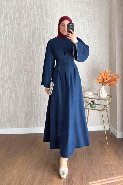 Çan Kol Pensli Denim Elbise Lacivert