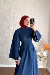 Çan Kol Pensli Denim Elbise Lacivert