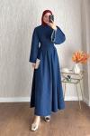 Çan Kol Pensli Denim Elbise Lacivert