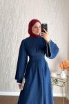 Çan Kol Pensli Denim Elbise Lacivert