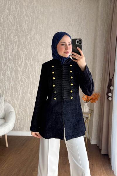 Düğme Detaylı Süet Ceket  Koyu Lacivert