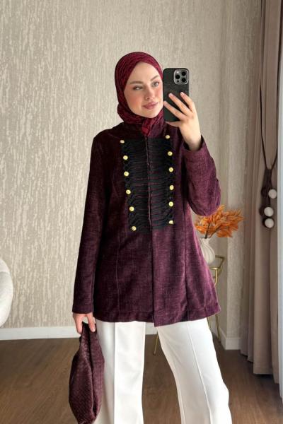 Düğme Detaylı Süet Ceket  Mürdüm