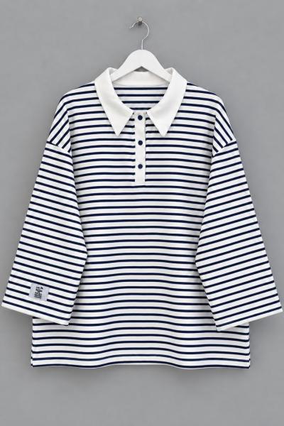 Salaş Polo Yaka Çizgili Sweatshirt  Lacivert