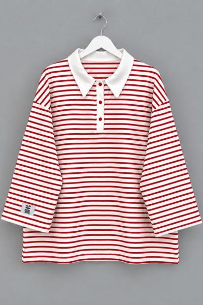 Salaş Polo Yaka Çizgili Sweatshirt  Kırmızı