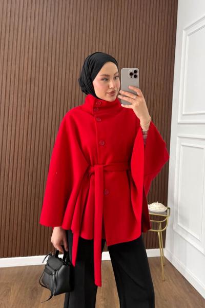 Dik Yaka Kaşe Panço Kırmızı