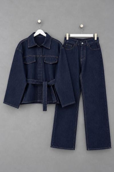 Gizli Düğmeli Kuşaklı Denim Takım Lacivert