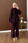 Casual Pantolonlu Kadife Takım Mürdüm
