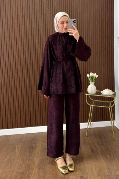 Casual Pantolonlu Kadife Takım Mürdüm