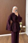 Casual Pantolonlu Kadife Takım Mürdüm