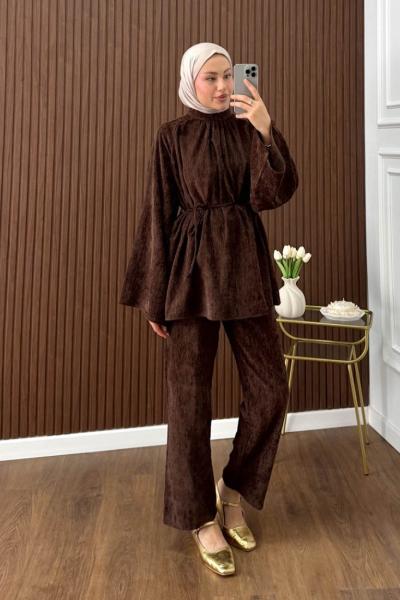 Casual Pantolonlu Kadife Takım Kahverengi