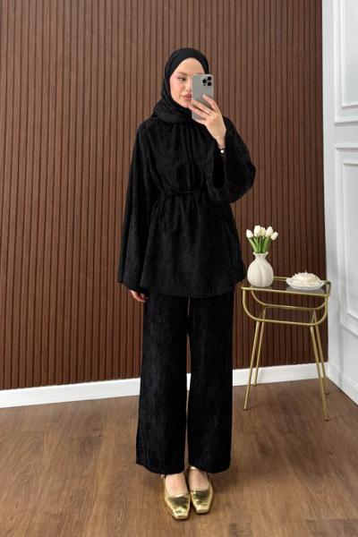 Casual Pantolonlu Kadife Takım Siyah