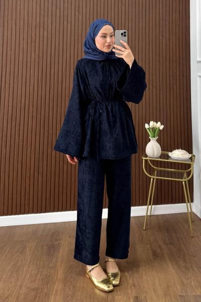 Casual Pantolonlu Kadife Takım Lacivert