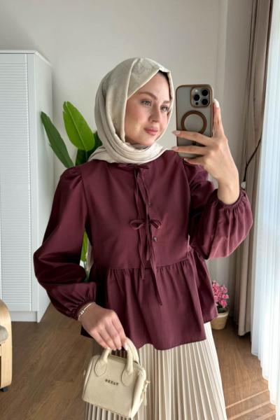 Önü Bağcıklı Kısa Gömlek Bordo