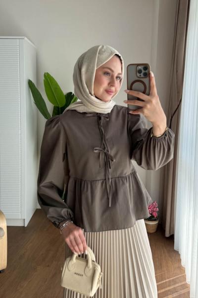 Önü Bağcıklı Kısa Gömlek Haki