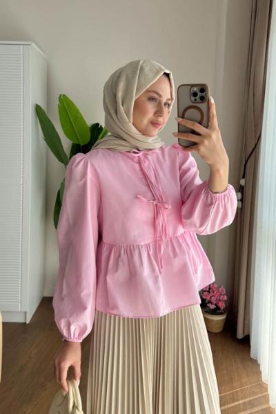 Önü Bağcıklı Kısa Gömlek Pembe
