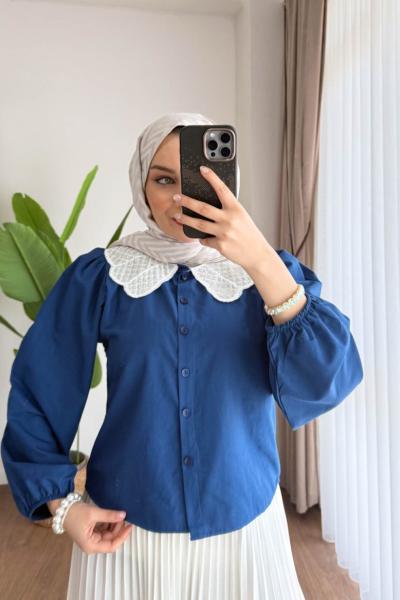 Taşlı Yaka Gömlek Lacivert