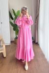Kolu Bağcıklı Begonya Elbise Pembe