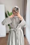 Kuşaklı Gofre Elbise  Açık Yeşil
