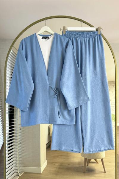 Vegas Kimono Keten Takım Mavi