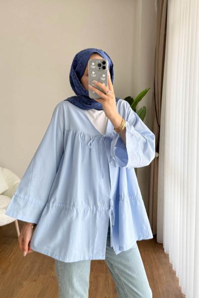 Büzgülü poplin Kimono  Mavi