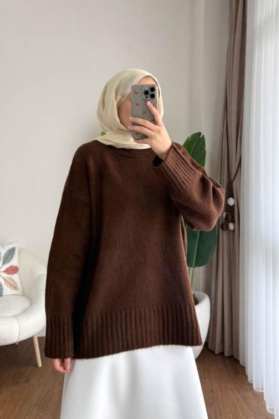 Oversize Bisiklet Yaka Kazak Kahverengi