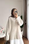 Oversize Bisiklet Yaka Kazak Bej