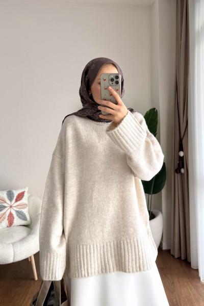 Oversize Bisiklet Yaka Kazak Bej