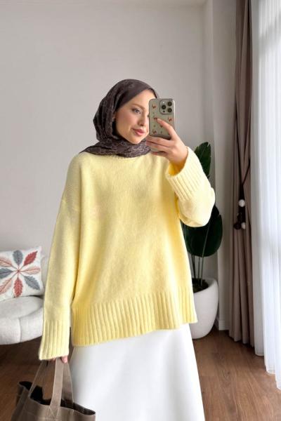 Oversize Bisiklet Yaka Kazak Sarı